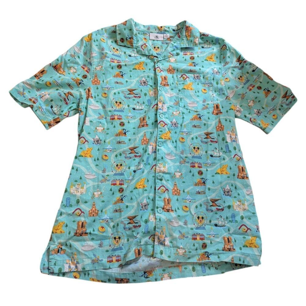 Disney DCA Attractions Button Down Shirt Mint Green Graphic Print Hawaiian
